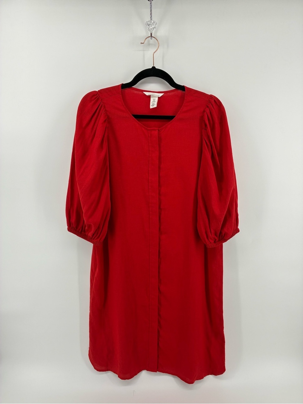 H&M Linen Blend Button Up Women's Red Puff-Sleeve Dress